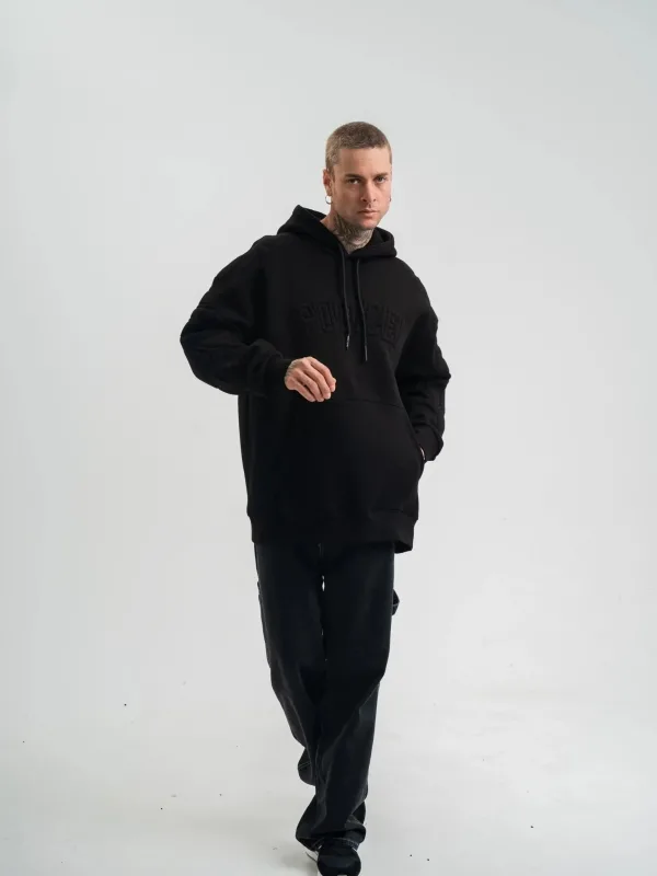 Muški crni oversize 3-nitni pamučni kapuljač s vezom, sweatshirt 6