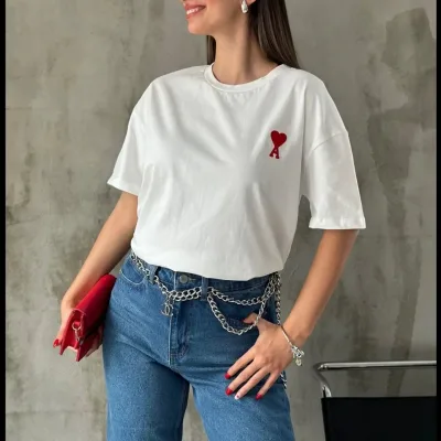 Ženska bela oversize bicikli kragna štampana majica 1