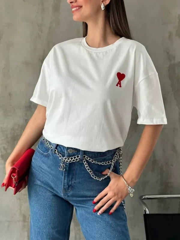 Ženska bela oversize bicikli kragna štampana majica 1