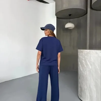 Női sötétkék oversize soft modál anyagú rövid ujjú blúz nadrág szett 2