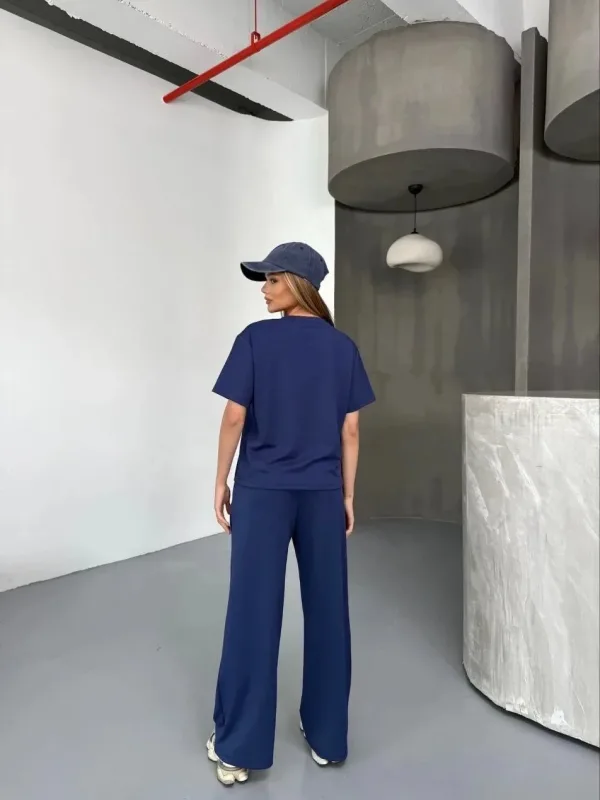 Női sötétkék oversize soft modál anyagú rövid ujjú blúz nadrág szett 2