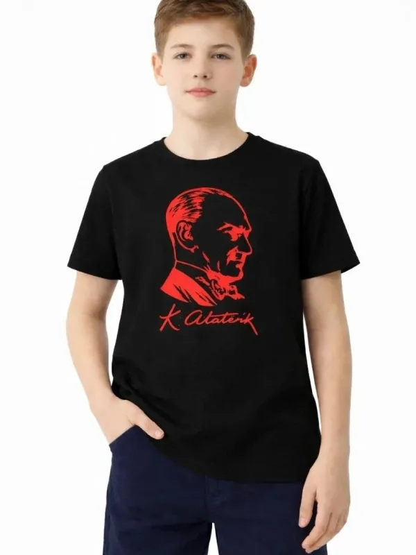 Dečija Crna Ataturk Print Okrugli Izrez Majica 2