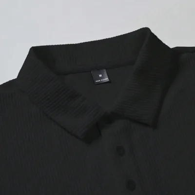Erkek Siyah Oversize Fitilli Pamuklu Polo Yaka Tişört 5