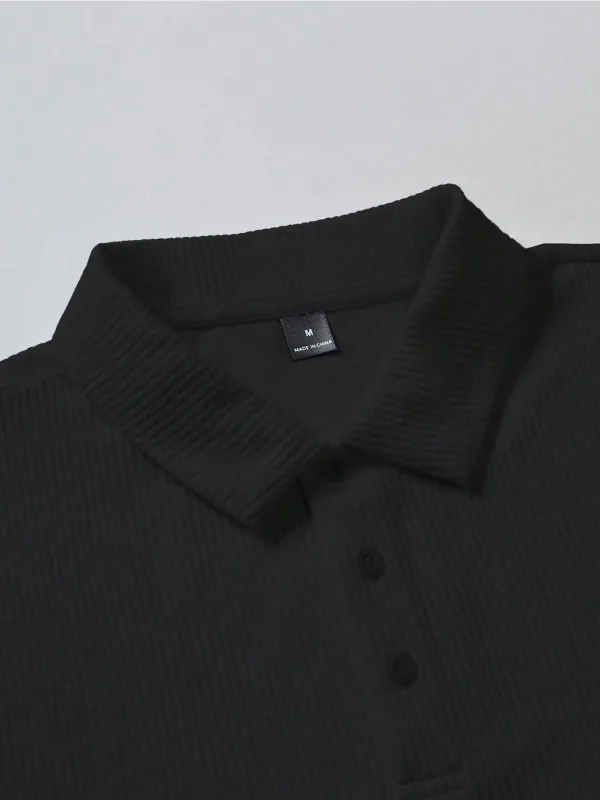 Erkek Siyah Oversize Fitilli Pamuklu Polo Yaka Tişört 5