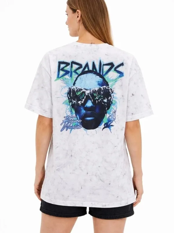 Γυναικείο Λευκό Oversize Acid Washed Ποδήλατο Λαιμό Κοντό Μανίκι T-shirt 2