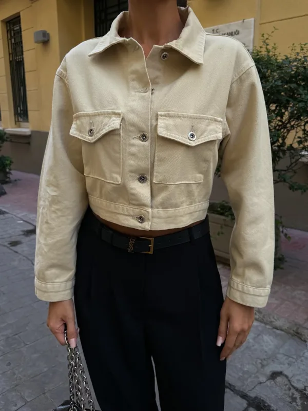 Çift Cep Denim Crop Ceket Bej 3