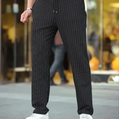 Muške crne prugaste jogger pantalone od krep tkanine 3