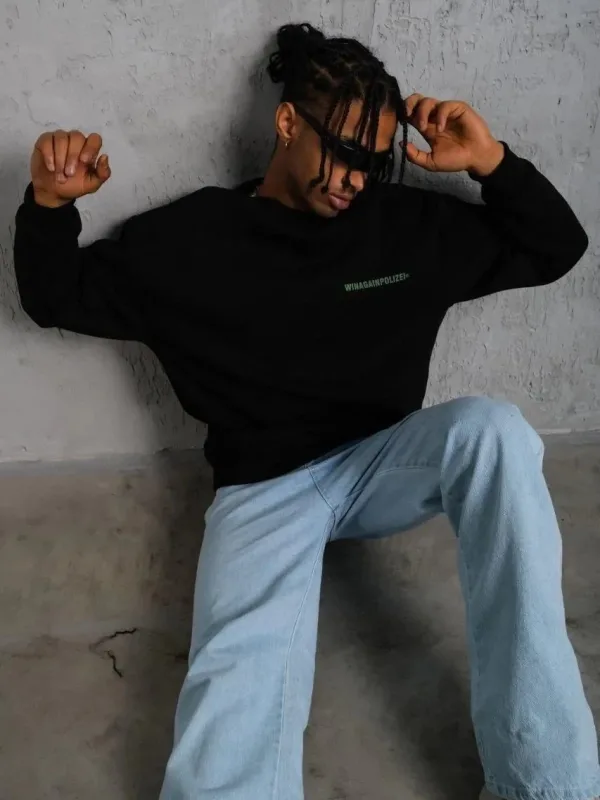 Muški crni oversize 3-nitni pamučni sweatshirt s tiskanim prednjim i stražnjim dijelom 3