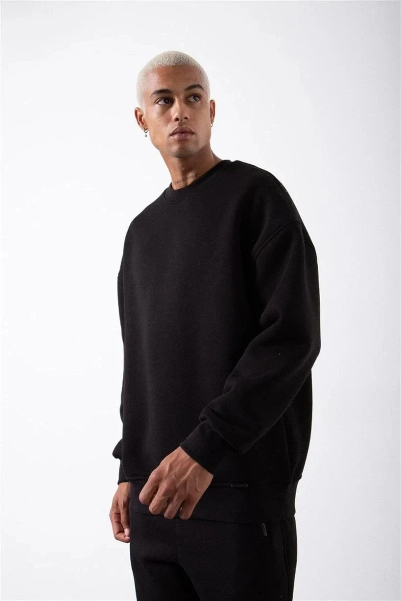 Férfi Fekete Kerékpárnyakú 3 Szálas Pamut Sweatshirt