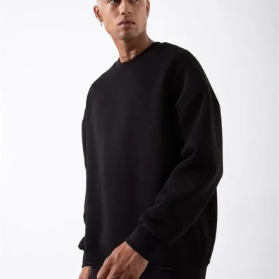 Férfi Fekete Kerékpárnyakú 3 Szálas Pamut Sweatshirt 1