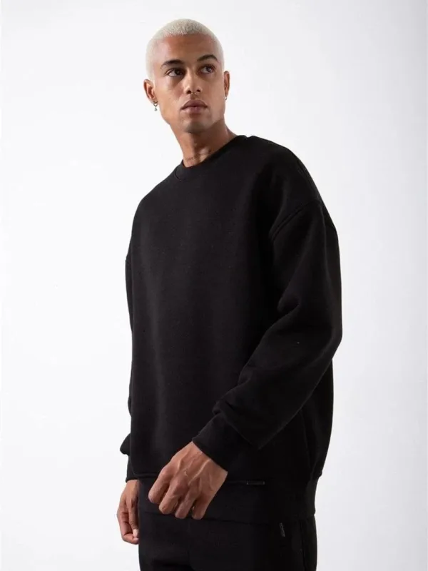 Férfi Fekete Kerékpárnyakú 3 Szálas Pamut Sweatshirt 1