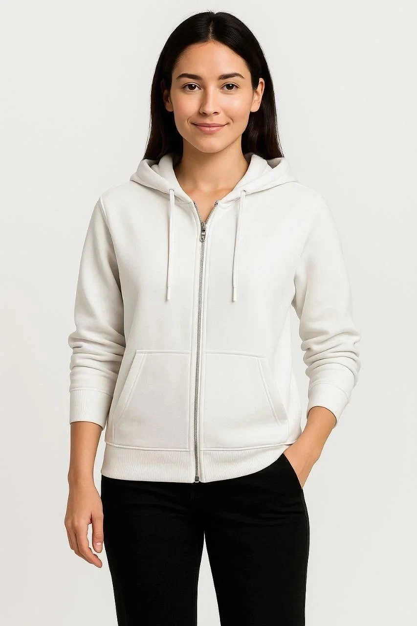 Női Fehér Teljes Cipzáras 3 Szálas Kapucnis Kenguru Zsebes Sweatshirt