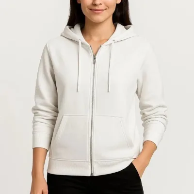 Női Fehér Teljes Cipzáras 3 Szálas Kapucnis Kenguru Zsebes Sweatshirt 1