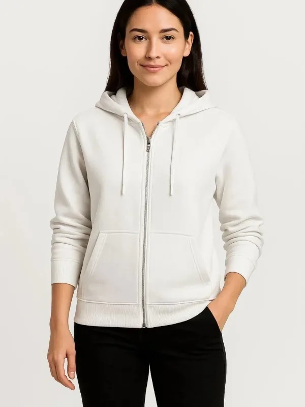 Női Fehér Teljes Cipzáras 3 Szálas Kapucnis Kenguru Zsebes Sweatshirt 1