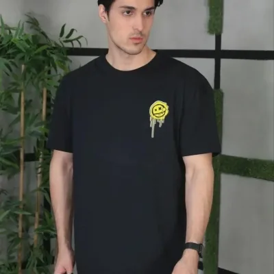 Kişi Qara Oversize Velosiped Yaxalı Çap Yay T-Shirt 2