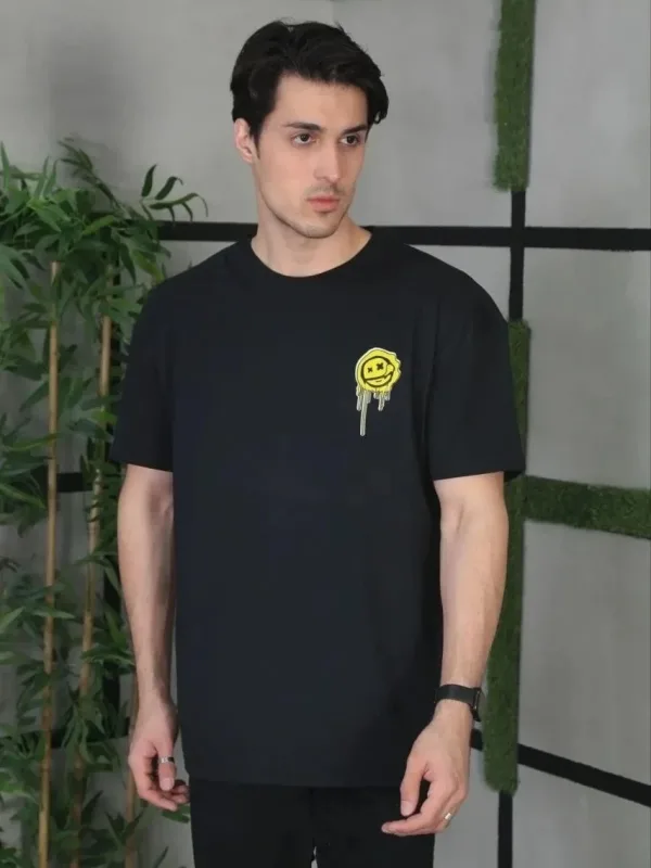 Kişi Qara Oversize Velosiped Yaxalı Çap Yay T-Shirt 2