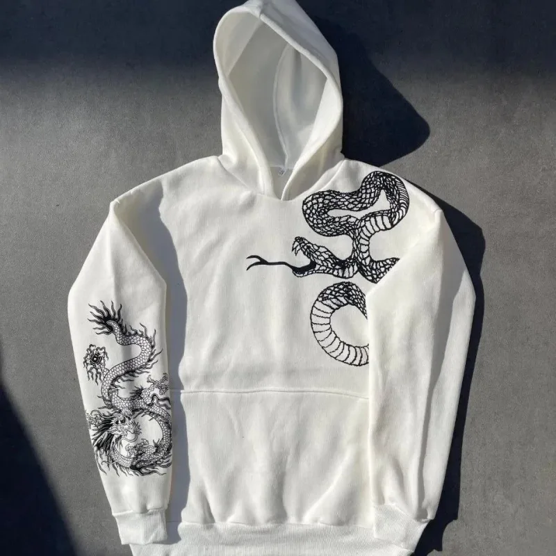 Women's White Oversize Hooded Printed 3-Thread Cotton Sweatshirt