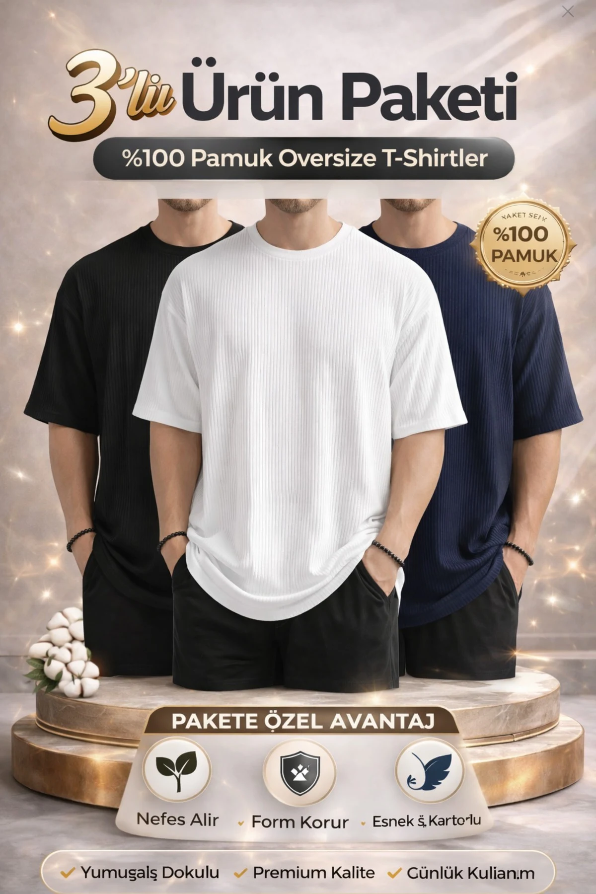 T-Shirta Oversize ya Reş, Spî, Şîn a Tarî ya 3'lî ya Mêran, Bi Qurmikî, Pembû