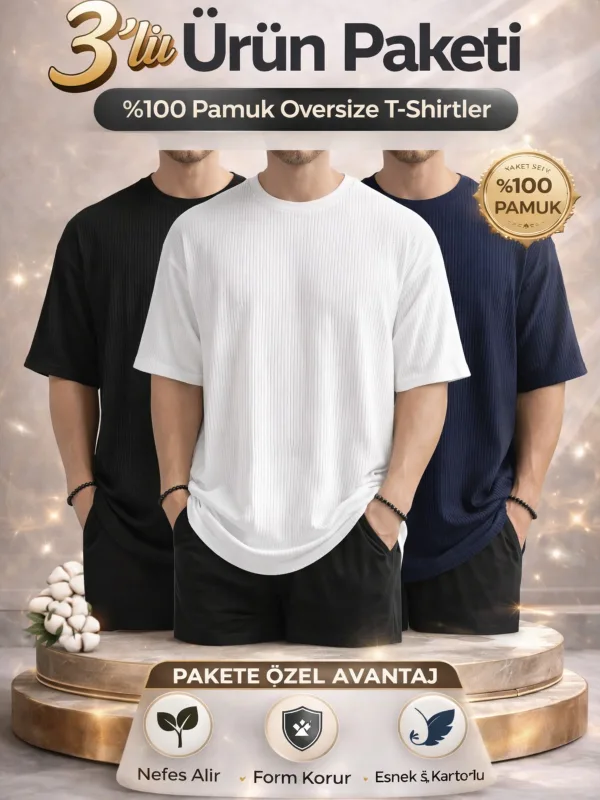 Siyah Beyaz Lacivert 3lü Oversize Fitilli Pamuk Erkek T-Shirt