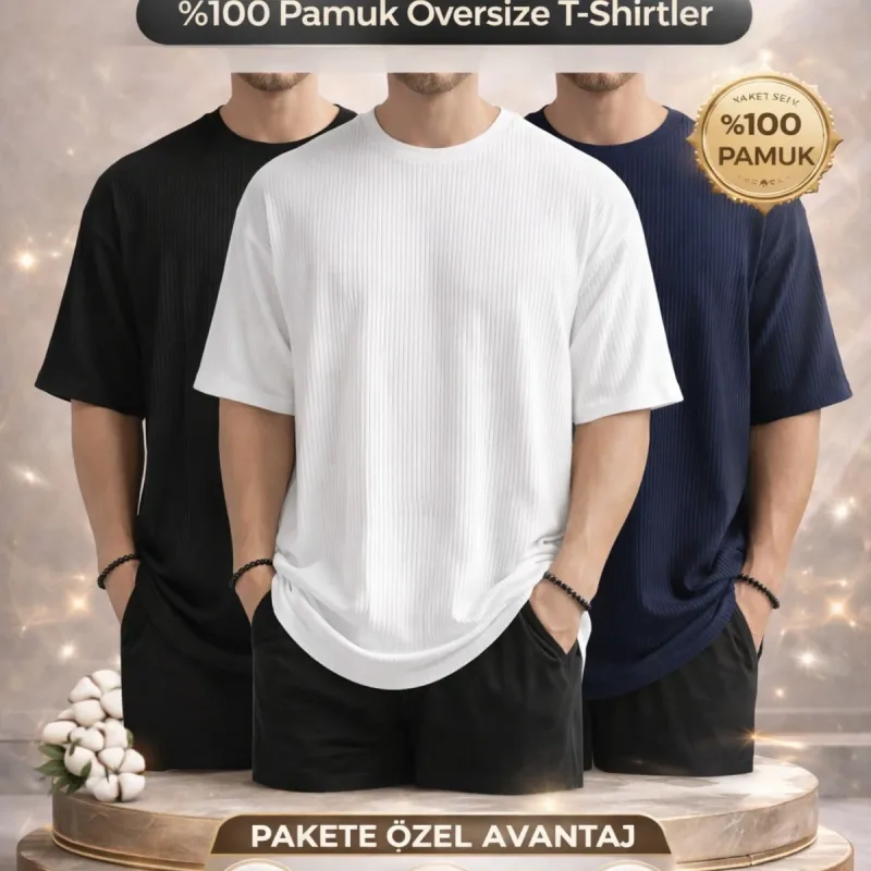 Qara Ağ Tünd Göy 3lü Oversize Qabırğalı Pambıq Kişi T-Shirt