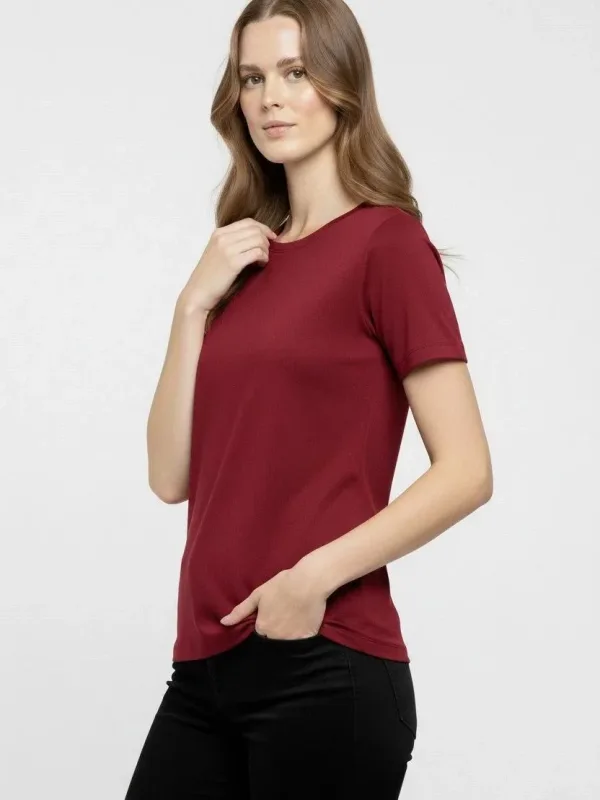 Женска бордо Slim Fit маица со велосипедско деколте од ликра 3