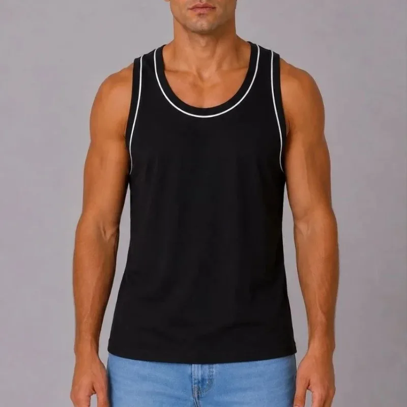 Masculin Negru Guler Bicicletă Fără Mâneci Tricou Sportiv