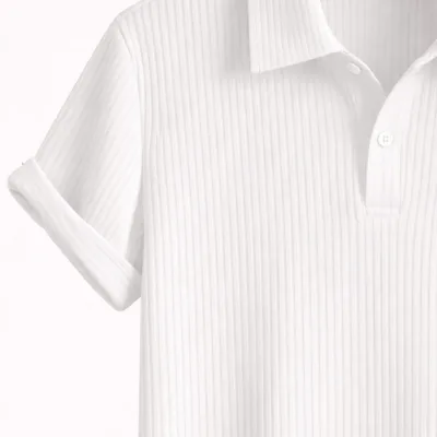 Bianco Oversize Costina Cotone Polo Collo T-Shirt 6