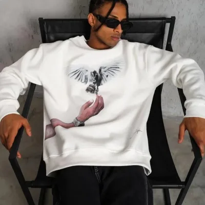 Férfi Fehér 3 Szálas Pamut Galamb Nyomott Kerékpárnyakú Sweatshirt 5