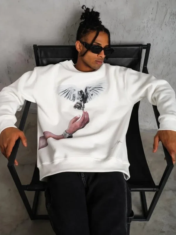 Férfi Fehér 3 Szálas Pamut Galamb Nyomott Kerékpárnyakú Sweatshirt 5