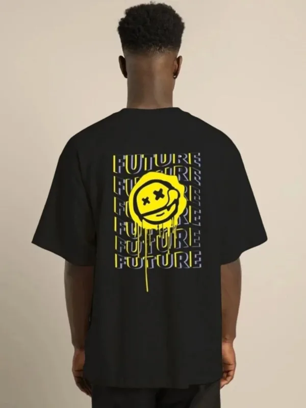Kişi Qara Oversize Velosiped Yaxalı Çap Yay T-Shirt 4