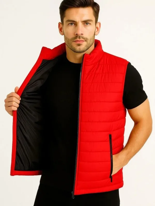 Men's Red Water-Repellent Puffer Zippered Quilted Vest with Pockets
