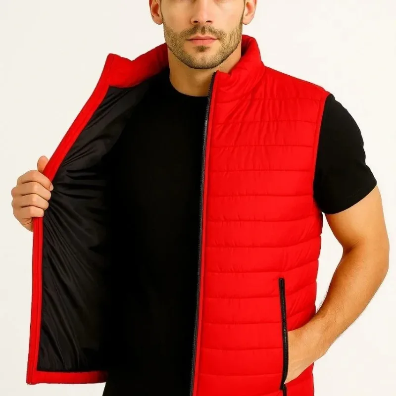 Vest for Men, Red, Water-Repellent, Puffy, Zippered, Quilted, with Pockets