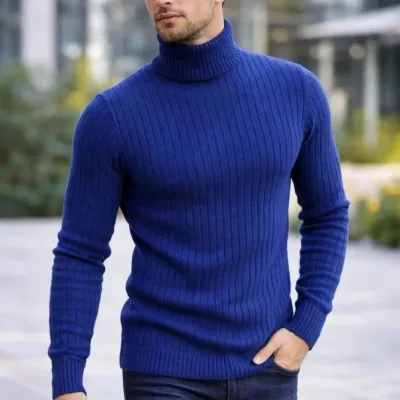Pánský indigo regular fit silný žebrovaný rybářský výstřih triko svetr 3