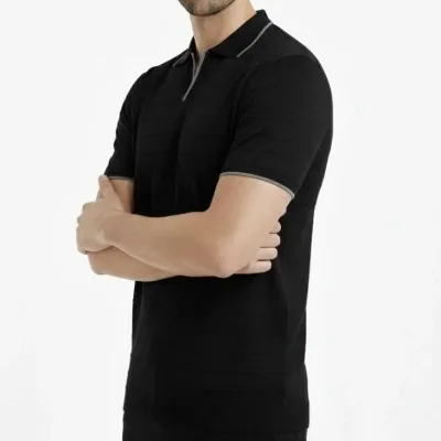 Men's Black Woven Knit Buttonless Polo Neck Short Sleeve T-Shirt 1