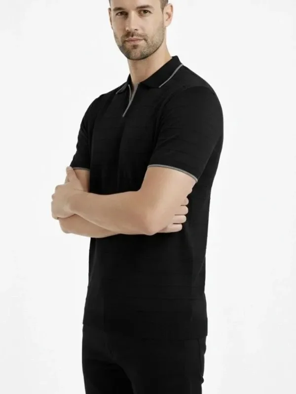 Men's Black Woven Knit Buttonless Polo Neck Short Sleeve T-Shirt 1