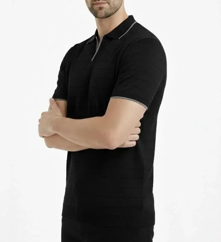 Men's Black Woven Knit Buttonless Polo Neck Short Sleeve T-Shirt
