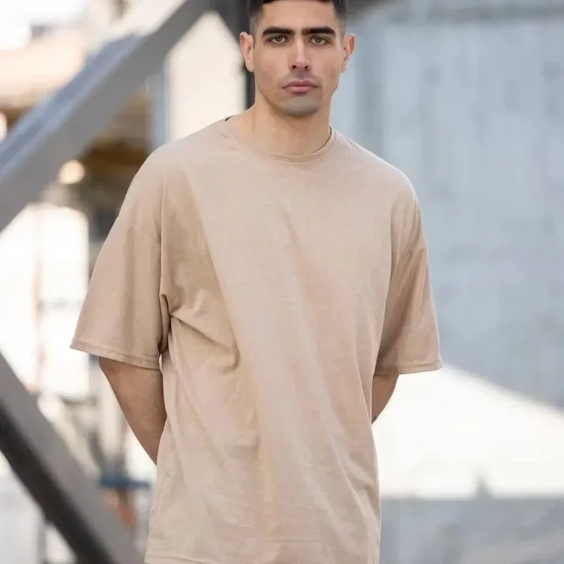 Men's Beige Regular Crew Neck Plain Casual T-Shirt