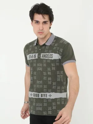 Pánske kaki slim fit polo tričko s potlačou, krátky rukáv