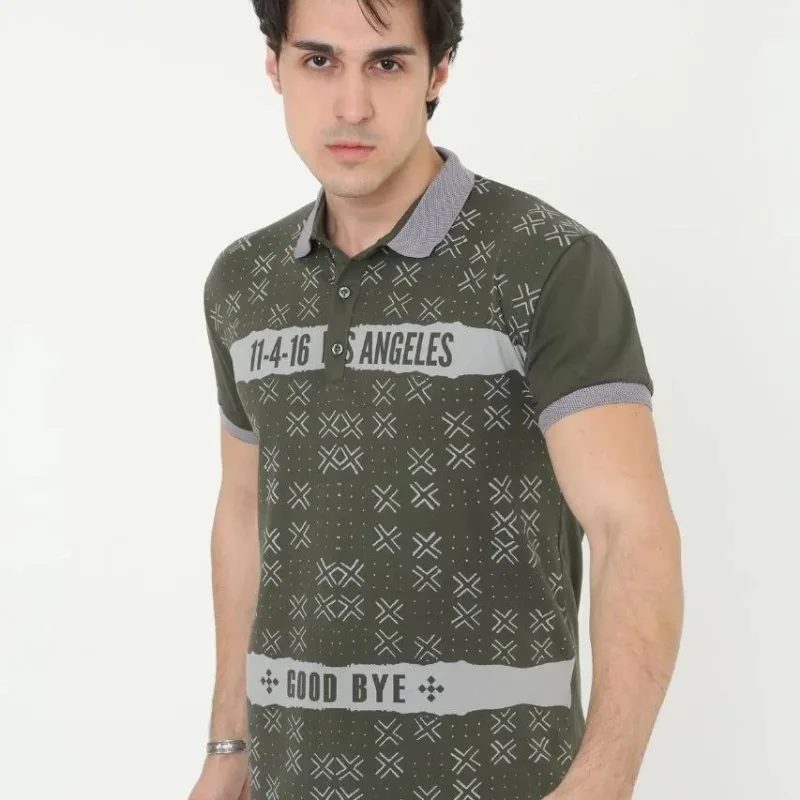 Pánské khaki slim fit potištěné polo tričko, krátký rukáv