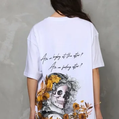Γυναικείο Λευκό Oversize Ποδηλατόλαιμο Τυπωμένο Κοντό Μανίκι Μπλουζάκι 7