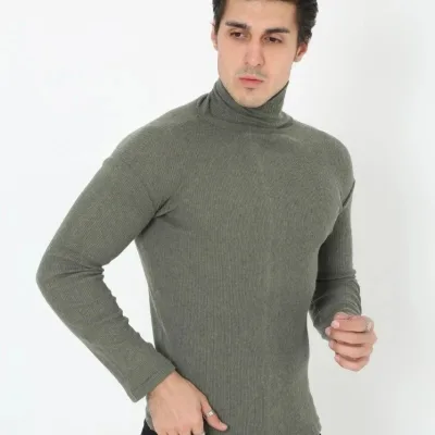 Pánské khaki slim fit lycrové kašmírové rolák body 2
