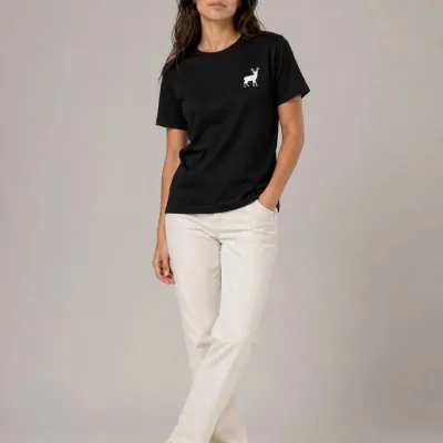 Qadın Qara Velosiped Yaxalı Minimal Maral Loqolu Qısa Qol T-Shirt 2