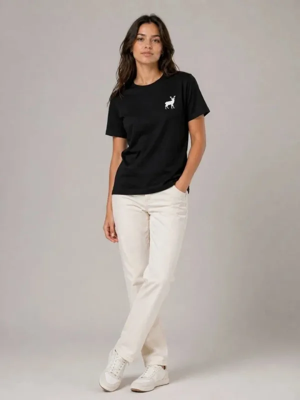 Qadın Qara Velosiped Yaxalı Minimal Maral Loqolu Qısa Qol T-Shirt 2