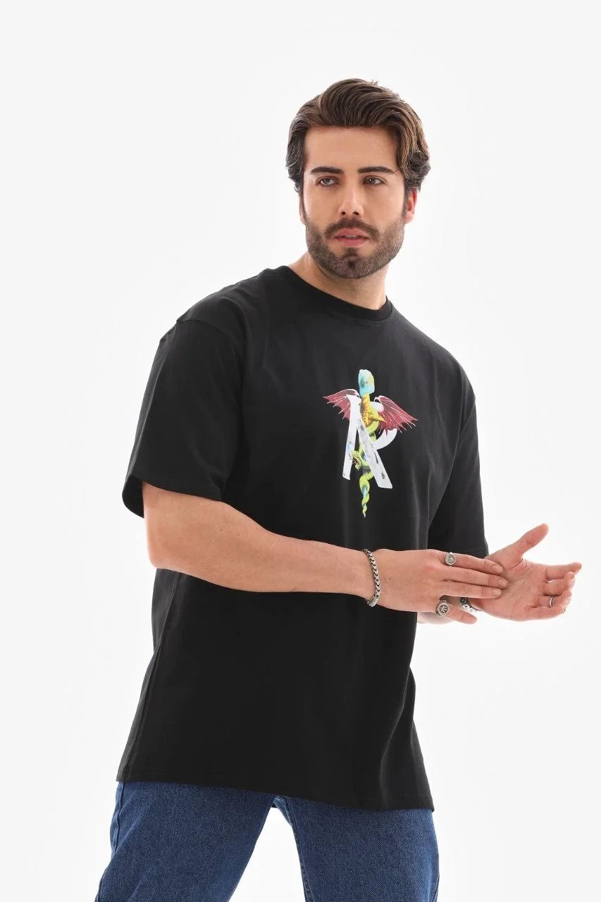 Μαύρο Ανδρικό Regular Ποδήλατο Λαιμό Τυπωμένο T-shirt