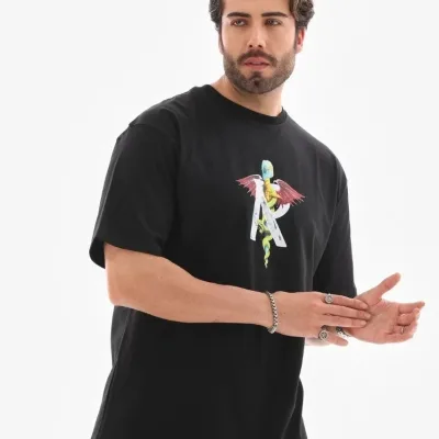 Kişi Qara Regular Velosiped Yaxası Çap Tişört 1