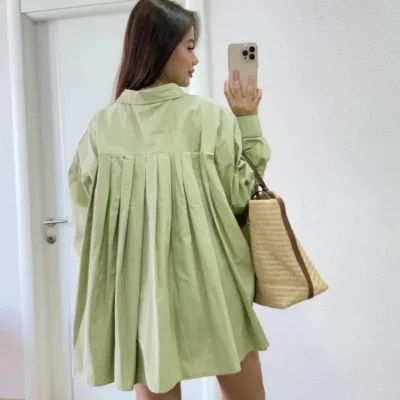 Women's Green Poplin Collar Side Slit Back Dart Detail Shirt 5