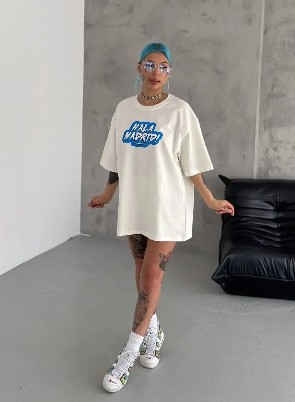 Damski Biały Oversize Rowerowy Kołnierz Nadrukowany Letni T-shirt