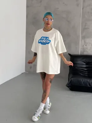 Women's White Oversize Crew Neck Printed Summer T-Shirt