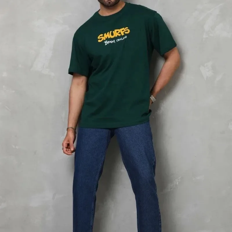 Bluzë për meshkuj e gjelbër Oversize me jakë biçiklete dhe printim