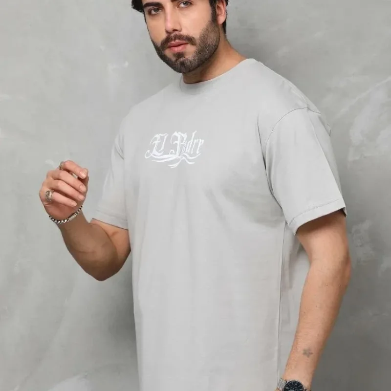 Γκρι Ανδρικό Oversize Ποδήλατο Λαιμό Τυπωμένο T-shirt
